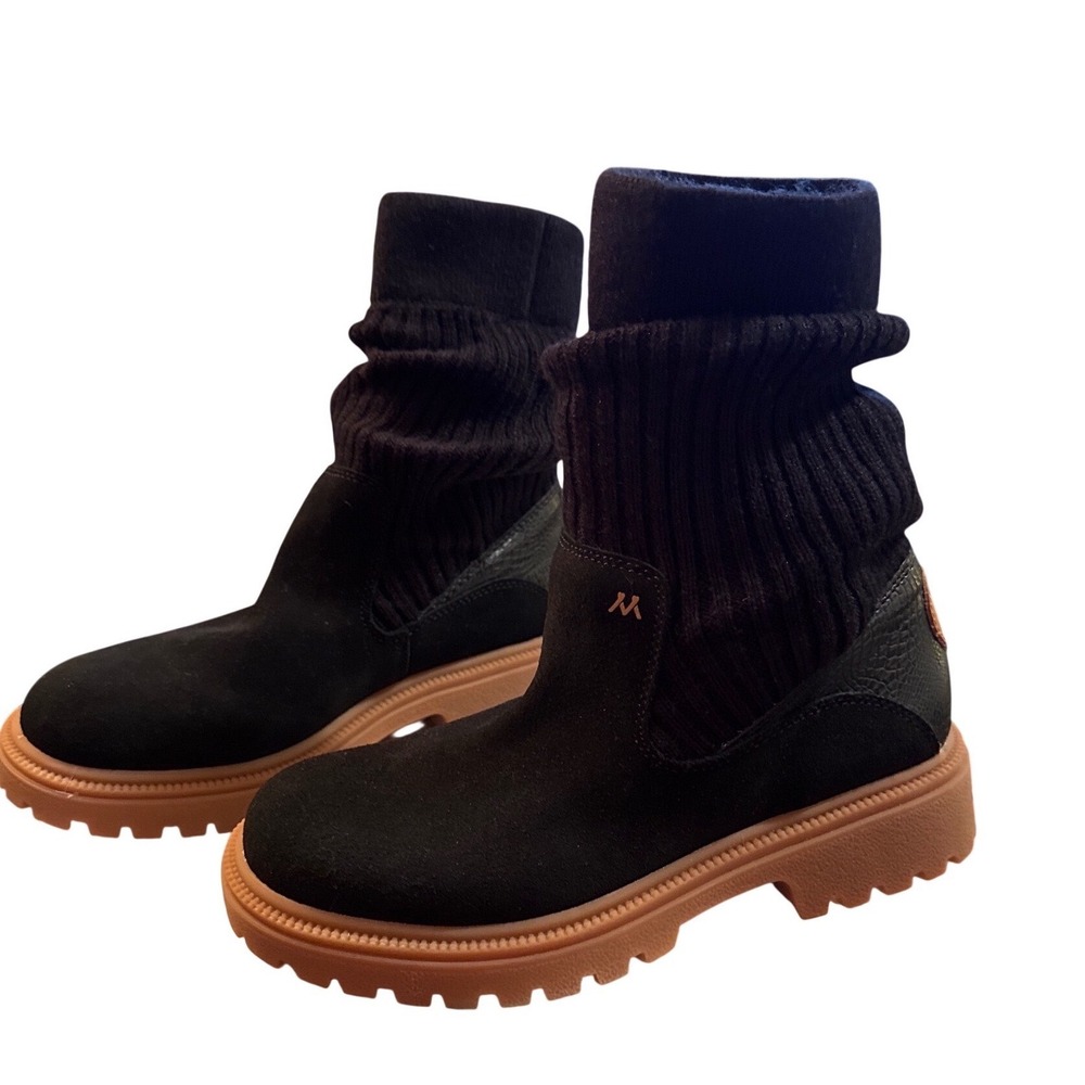 Mykos Maria Suede Knit Slouch Ankle Boots Black Lug Sole OrthoLite Women's 7